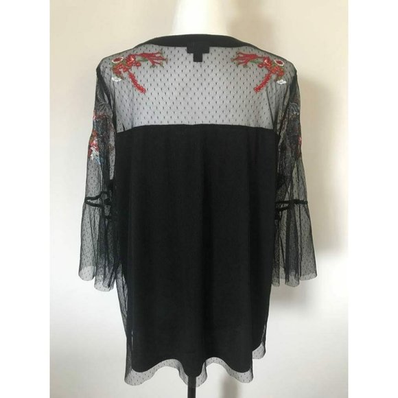 TORRID Floral Embroidered Mesh Top Size 1 Black Sheer Flared Sleeves Lined - Picture 6 of 8